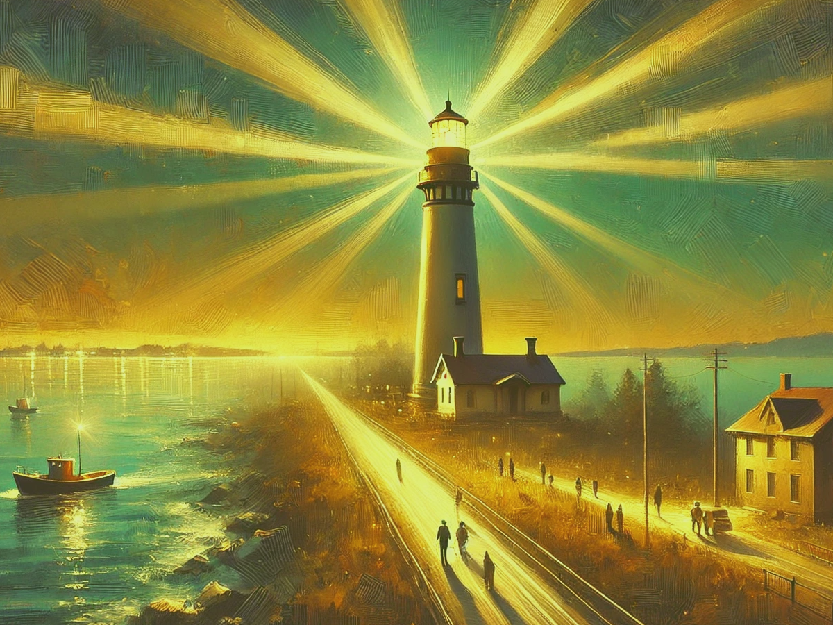 Illustration of a glowing beacon shining outward over a community.