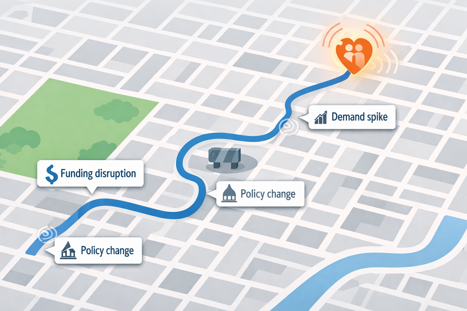 Illustration showing a GPS-style navigation interface adapted for nonprofit work, with icons representing community needs, funding opportunities, and volunteer paths converging on a mission destination.