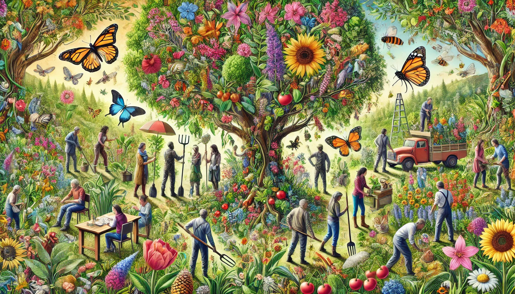 Picture showing a community of people caring for a thriving natural ecosystem